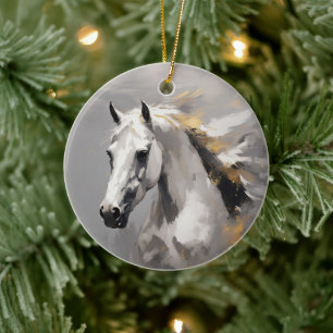 Mächtiges weißes Pferd Porträt Öl Effekt Keramik Ornament