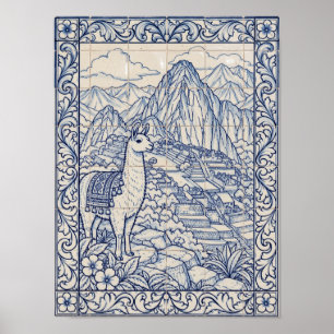 Machu Picchu Lama Blau Portugiesische Azulejo-Kuns Poster
