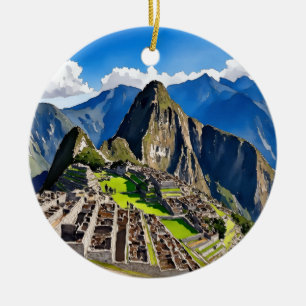Machu Picchu Peru Watercolor Keramik Ornament