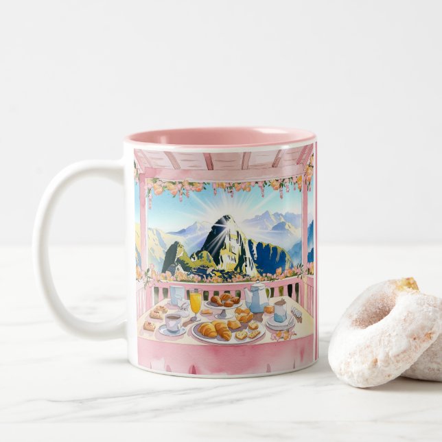 Machu Picchu Pink Wasserfarbenfrühstück Niedlich R Zweifarbige Tasse (Mit Donut)