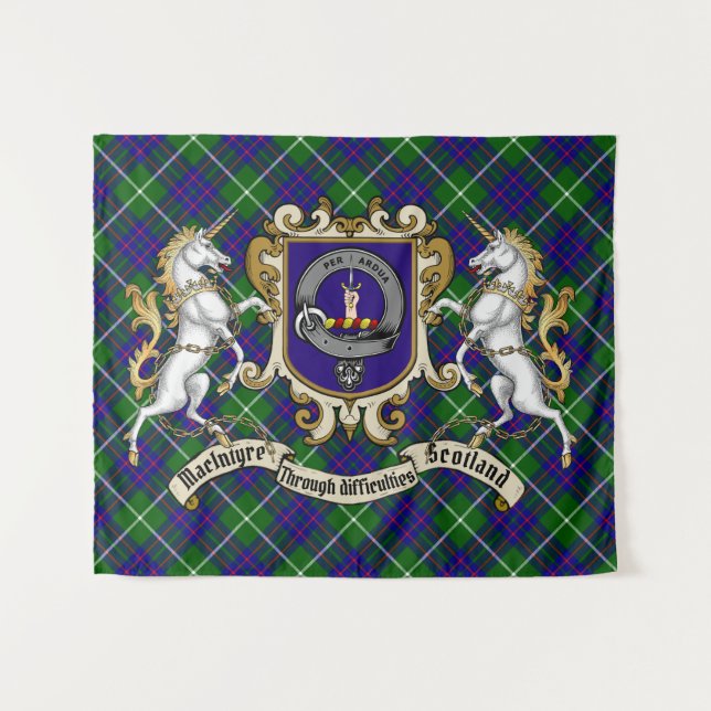 MacIntyre Clan Abzeichen & Unicorns mit Tartan Wandteppich (Vorderseite (Horizontal))