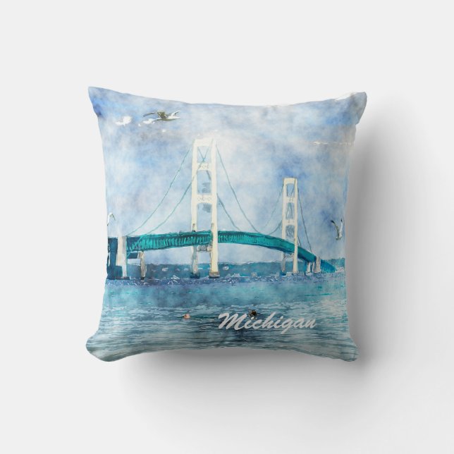 Mackinac Bridge Landschaftliches Wasserfarbenspiel Kissen (Vorderseite)
