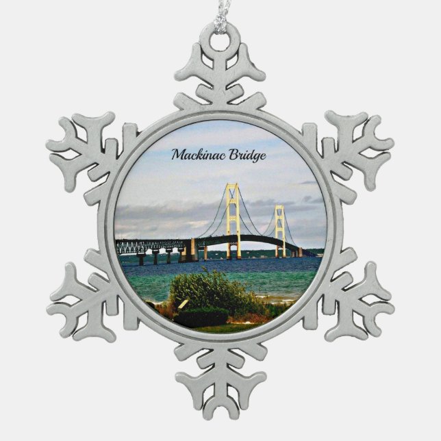 Mackinac Bridge, Mackinac Island Schneeflocken Zinn-Ornament (Vorderseite)
