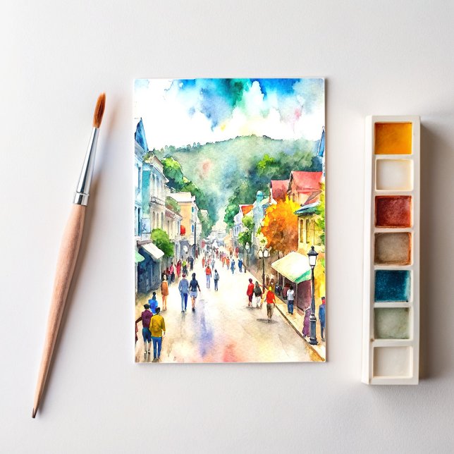Mackinac Island Busy Street Aquarellmalerei Postkarte (Von Creator hochgeladen)