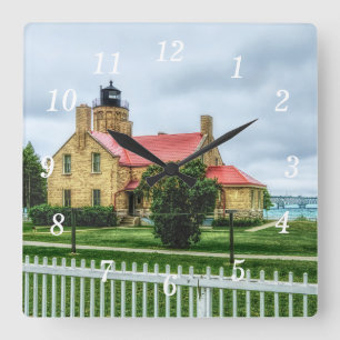 Mackinac Light and Bridge Quadratische Wanduhr