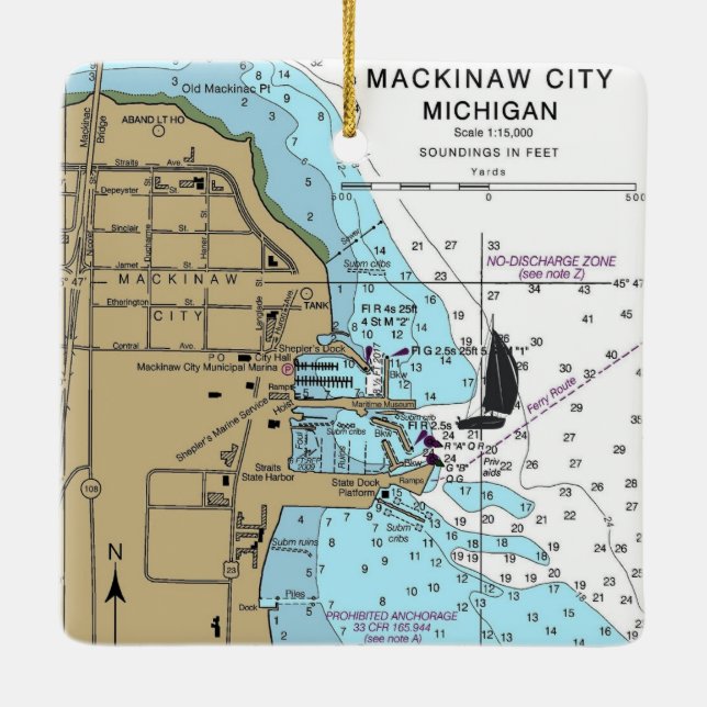 Mackinaw City MI Nautic Chart Keramikornament (Rückseite)