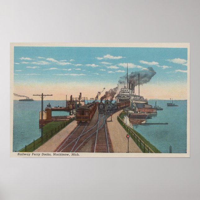 Mackinaw City, MI - Sicht auf die Fährhäfen der Ei Poster (Vorne)