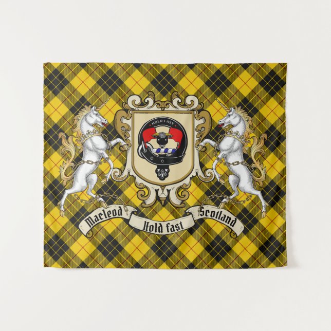 Macleod Clan Abzeichen & Unicorns mit Tartan Wandteppich (Vorderseite (Horizontal))
