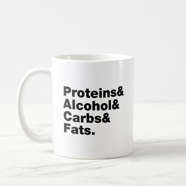 Macronutrients. Proteine & Alkohol & Fette. Kaffeetasse (Links)