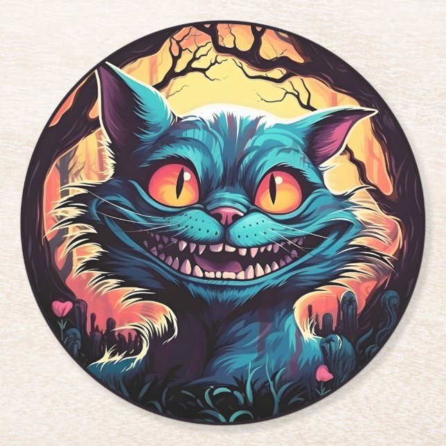 Mad Cheshire Cat Alice im Wunderland Runder Pappuntersetzer (Vorderseite)