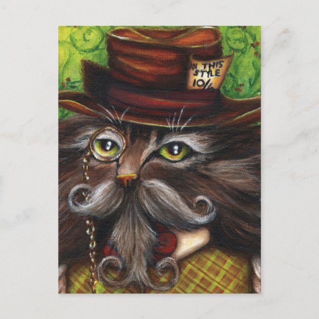 Mad Hatter Cat Alice im Wunderland Fantasy Art Postkarte (Vorderseite)