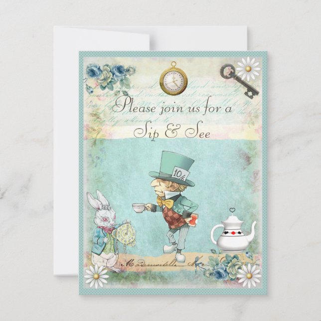 Mad Hatter Sip & See Babydusche Einladung (Vorderseite)