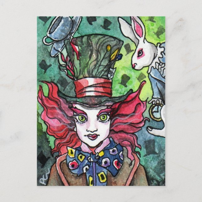 Mad Hatter und weißes Kaninchen Postkarte (Vorderseite)