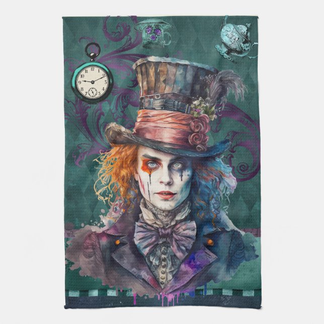 Mad Hatter Watercolor-Portrait Geschirrtuch (Vertikal)