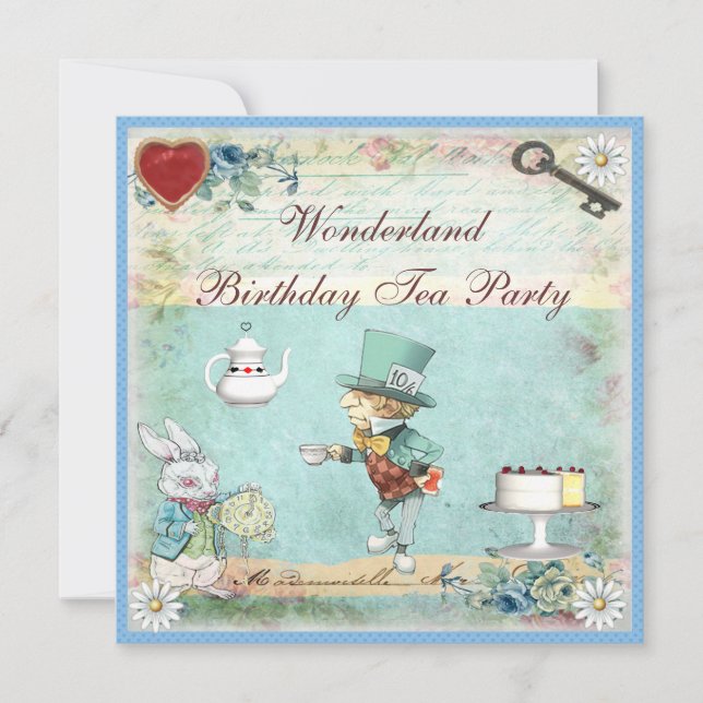 Mad Hatter Wonderland Birthday Tee Party Einladung (Vorderseite)