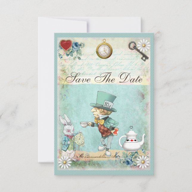 Mad Hatter Wonderland Wedding rettet das Datum Save The Date (Vorderseite)