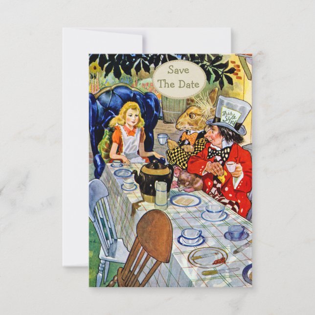 Mad Hatters Tea-Party Hochzeit rettet das Datum Save The Date (Vorderseite)