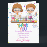 Mad Science Birthday Danke Karte<br><div class="desc">Erleben Sie Ihre Gäste mit dieser farbenfrohen Geburtstagsparty der Wissenschaft Dankeschön-Karte mit zwei experimentierenden Wissenschaftlern, einem farbenfrohen Dankeschön und einem bunten Punkt für den Hintergrund. Fügen Sie einfach Ihre Dankeschön-Notiz und den Namen des Kindes zu dieser leicht zu bedienenden Vorlage hinzu, um sie zu einer einmaligen Karte zu machen.</div>