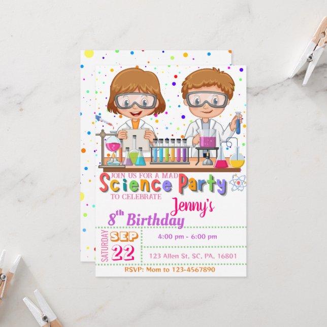 Mad Science Birthday Party `Einladung für Mädchen  Einladung (Vorderseite/Rückseite Beispiel)