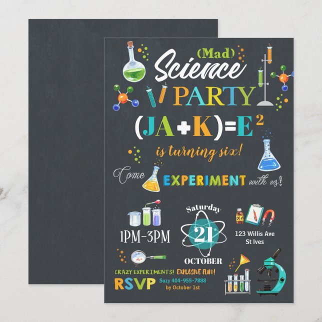 Mad Science Party Birthday Einladung Boy (Vorne/Hinten)