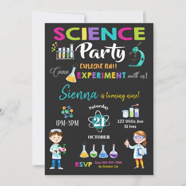 Mad Science Party Birthday Invitation Girl Einladung (Vorderseite)