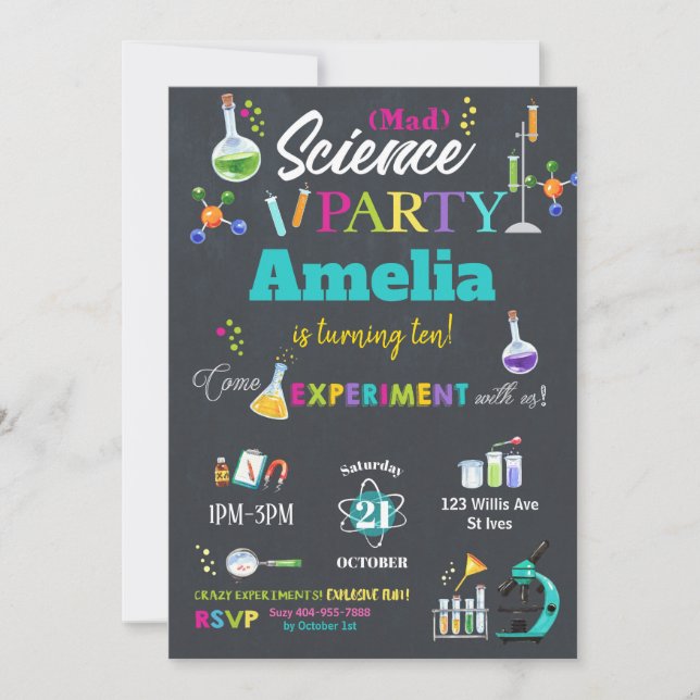 Mad Science Party Birthday Invitation Girl Einladung (Vorderseite)