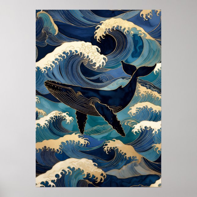 Madagascar Ocean Whale - Blue & Gold Waves |  Poster (Vorne)