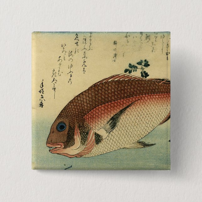 Madai oder Red Tai - Hiroshige japanische Fischdru Button (Vorderseite)