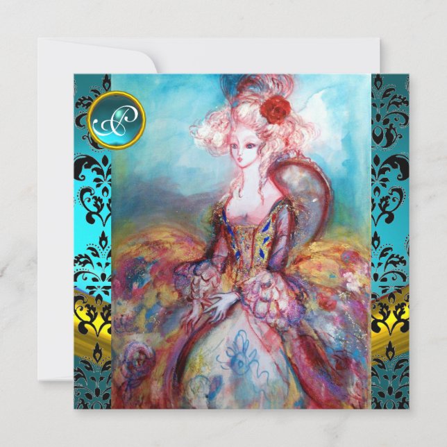 MADAME POMPADOUR, BLUE BLACK DAMASK BLUME MONOGRAM EINLADUNG (Vorderseite)