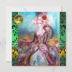 MADAME POMPADOUR,GRÜNES SCHWARZES DAMASK-MONOGRAMM EINLADUNG