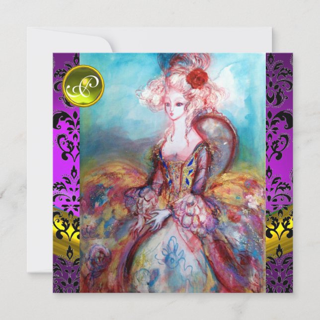 MADAME POMPADOUR LILA SCHWARZE DAMASK-MONOGRAMM EINLADUNG (Vorderseite)