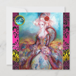 MADAME POMPADOUR, PINK BLACK DAMASK BLUME MONOGRAM EINLADUNG