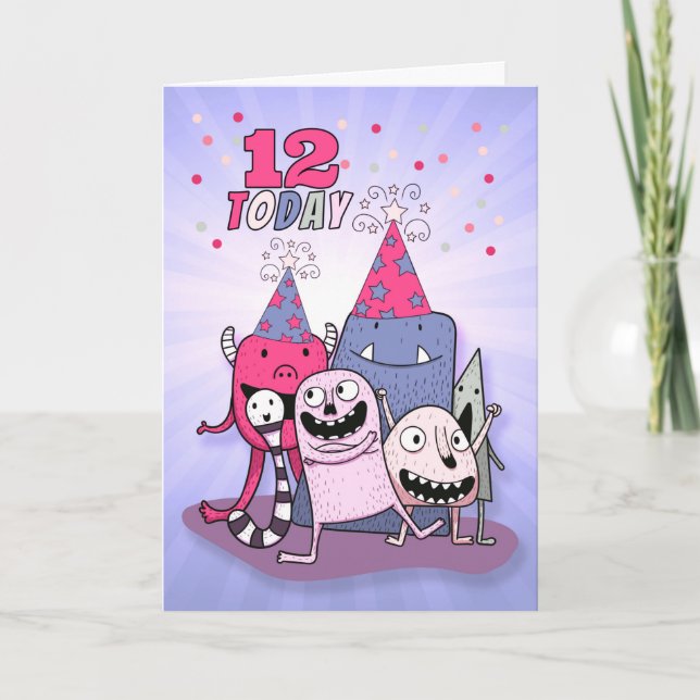 Mädchen 12. Rosa und Lila Monster Geburtstag Karte (Vorderseite)