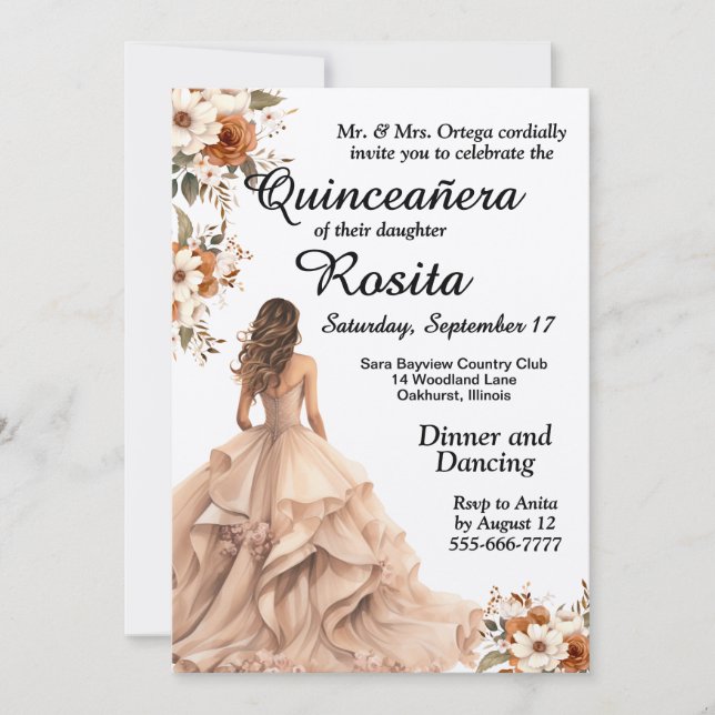 Mädchen 15. Geburtstag Elegant Einladung Quinceane (Vorderseite)