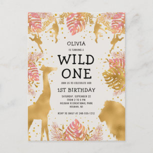 Mädchen 1. Geburtstag Party Pink Ecru Safari Einladungspostkarte