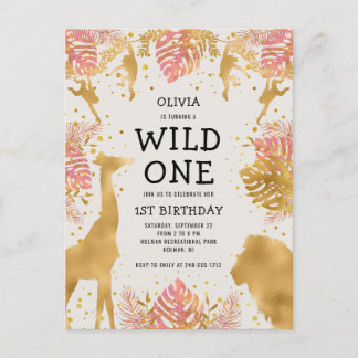 Mädchen 1. Geburtstag Party Pink Ecru Safari Einladungspostkarte
