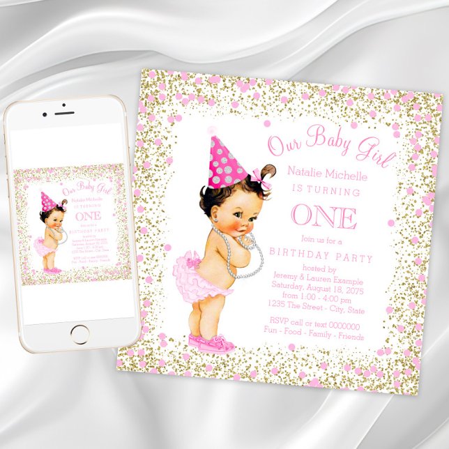 Mädchen 1. Geburtstag Party Pink Gold Glitzer Einladung (Girl first birthday invitation instant download and printed available.)