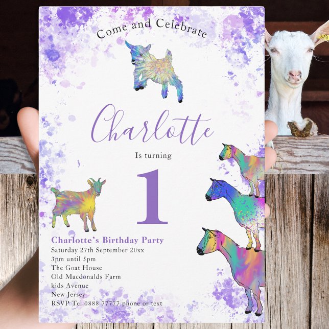 Mädchen 1. Geburtstag Party Wasserfarbige Ziegen L Einladung (Cute goat themed 1st birthday party invitation purple watercolor splash and colorful goats)