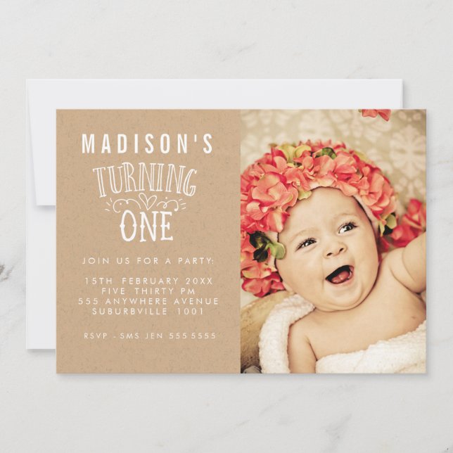 Mädchen 1. Geburtstag Personalisiertes Foto Einladung (Vorderseite)