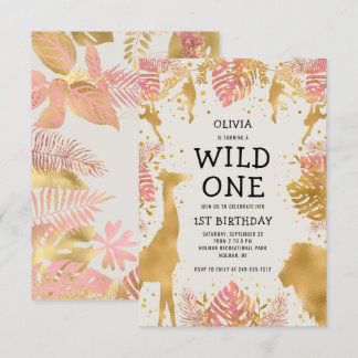 Mädchen 1. Geburtstag Pink Ecru Safari Einladung