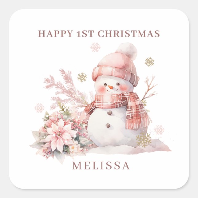 Mädchen 1. Weihnachtsrosa Schneemann Quadratischer Aufkleber (Vorderseite)