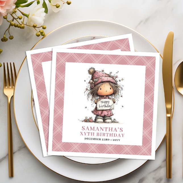 Mädchen 2. Geburtstag Lustig Verspielt Rosa Servie Serviette (Kids 2nd Birthday Girl Funny Whimsical Pink Napkin)