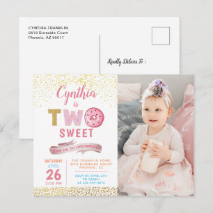 Mädchen 2. Geburtstag Zwei süße Donut-Foto-Einladu Postkarte