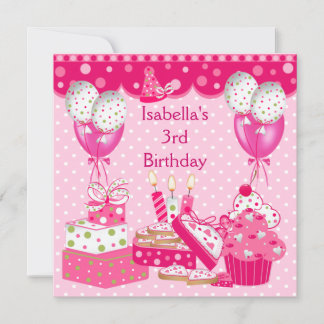 Mädchen 3. Geburtstag Party Pink Spot Cake 3 Einladung