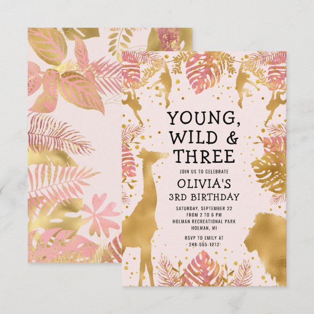 Mädchen 3. Geburtstag Pastel Pink Gold Safari Einladung (Vorne/Hinten)