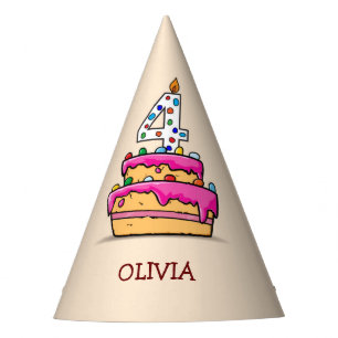 Mädchen 4. Geburtstag, 4 auf süßer rosa Torte Partyhütchen