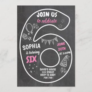 Mädchen 6. Geburtstag 6. Halbpension Nummer Rosa Einladung