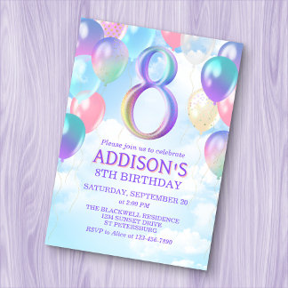 Mädchen 8. Geburtstag Rainbow Balloons Einladung