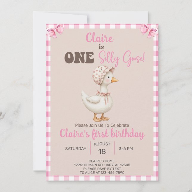Mädchen Albern Gänse 1. Geburtstag einladen, Gänse Einladung (Vorderseite)