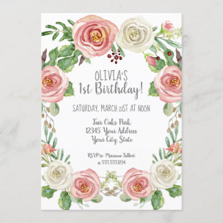 Mädchen am 1. Geburtstag Rosa Rosa Rose Bloral Einladung